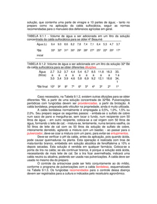 solução, que contenha uma parte de vinagre e 10 partes de água; - tanto no 
preparo como na aplicação da calda sulfocálcica, seguir as normas 
recomendadas para o manuseio dos defensivos agrícolas em geral. 
TABELA 9.1.1 - Volume de água a ser adicionada em um litro da solução 
concentrada da calda sulfocálcica para se obter 4º Beaumé 
Água (L) 9,4 9,0 8,6 8,2 7,8 7,4 7,1 6,4 5,3 4,7 3,7 
ºBé 
inicial 
33º 32º 31º 30º 29º 28º 27º 25º 22º 20º 17º 
TABELA 9.1.2: Volume de água a ser adicionada em um litro da solução 32º Bé 
da calda sulfocálcica para se obter diferentes diluições 
Água 
(litros) 
2,7 
a 
3,0 
3,2 
a 
3,4 
3,7 
a 
3,9 
4,4 
a 
4,6 
5,4 
a 
5,8 
6,7 
a 
6,9 
8,5 
a 
9,2 
11,8 
a 
12,1 
18,3 
a 
18,6 
33, 
1 a 
34, 
1 
ºBé final 10º 9º 8º 7º 6º 5º 4º 3º 2º 1º 
Caso necessário, na Tabela 9.1.2, existem outras diluições para se obter 
diferentes ºBé, a partir de uma solução concentrada de 32ºBé. Pulverizações 
periódicas com fungicidas devem ser providenciadas. a partir da brotação. A 
calda bordalesa, preparada pelo viticultor na propriedade, ainda é muito utilizada. 
A calda bordalesa normalmente é empregada a 0,5%, 1,0%, 1,5% ou 
2,0%. Seu preparo segue os seguintes passos: - embala-se o sulfato de cobre 
num saco de pano e mergulha-se, sem tocar o fundo, num recipiente com 50 
litros de água; - em outro recipiente, coloca-se a cal virgem com 50 litros de 
água, formando o leite de cal; - mistura-se, lentamente, numa terceira vasilha, os 
50 litros de leite de cal com os 50 litros da solução de sulfato de cobre, 
inteiramente derretido, agitando a mistura com um bastão; - ao passar para o 
pulverizador, deve-se coar a mistura com um pano, para evitar-se entupimentos. 
Deve-se verificar o pH da calda, antes da aplicação, pois quando ácida, 
pode causar queimaduras na planta. Esta operação é realizada com tiras de 
mata-borrão branco, embebida em solução alcoólica de fenolftaleína a 10% e 
depois secadas. Esta solução é vendida em qualquer farmácia. Coloca-se a 
ponta da tira na calda; se ela continuar branca, é porque a solução está ácida, 
necessitando de mais leite de cal. Se a tira ficar avermelhada, indicará uma 
calda neutra ou alcalina, podendo ser usada nas pulverizações. A calda deve ser 
usada no mesmo dia do preparo. 
O controle da antracnose pode ser feito conjuntamente ao do míldio, 
conforme o programa de pulverizações com a calda bordalesa, esquematizado 
na Tabela 9.1.3. Os fungicidas recomendados para o controle dessa doença 
devem ser registrados para a cultura e indicados pelo receituário agronômico. 
 