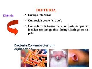 DIFTERIA
Difteria • Doença infecciosa
• Conhecida como “crupe”,
• Causada pela toxina de uma bactéria que se
localiza nas amígdalas, faringe, laringe ou na
pele.
Bactéria Corynebacterium
diphtheriae
 