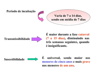 Período de incubação
Varia de 7 a 14 dias,
sendo em média de 7 dias
Transmissibilidade
É maior durante a fase catarral
(7 a 15 dias), diminuindo nas
três semanas seguintes, quando
é insignificante.
Suscetibilidade É universal, sendo maior nos
menores de cinco anos e mais grave
nos menores de um ano.
 