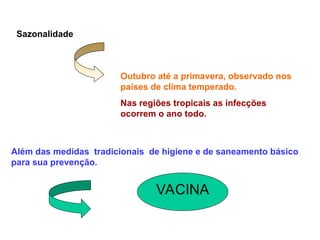 Sazonalidade
Outubro até a primavera, observado nos
países de clima temperado.
Nas regiões tropicais as infecções
ocorrem o ano todo.
Além das medidas tradicionais de higiene e de saneamento básico
para sua prevenção.
VACINA
 