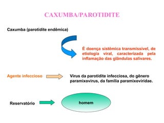 CAXUMBA/PAROTIDITE
Caxumba (parotidite endêmica)
É doença sistêmica transmissível, de
etiologia viral, caracterizada pela
inflamação das glândulas salivares.
Agente infeccioso Vírus da parotidite infecciosa, do gênero
paramixovirus, da família paramixoviridae.
Reservatório homem
 