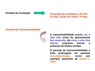 Período de incubação O período de incubação é de 10 a
21 dias, sendo em média, 14 dias.
Período de Transmissibilidade
A transmissibilidade ocorre um a
dois dias antes do aparecimento
das vesículas, até cinco a seis dias
depois, enquanto houver a
presença de lesões úmidas.
O período de transmissibilidade é
mais prolongado em pessoas
imunodeprimidas, como por
exemplo, pacientes de câncer e
AIDS
 