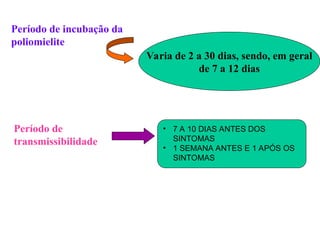 Período de incubação da
poliomielite
Varia de 2 a 30 dias, sendo, em geral
de 7 a 12 dias
Período de
transmissibilidade
• 7 A 10 DIAS ANTES DOS
SINTOMAS
• 1 SEMANA ANTES E 1 APÓS OS
SINTOMAS
 