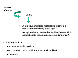 Os vírus
influenza
A,B,C
• A e B causam maior morbidade (doença) e
mortalidade (mortes) que o tipo C.
• As epidemias e pandemias (epidemia em vários
países) estão associadas ao vírus influenza A.
• A influenza H1N1,
• uma nova variação do vírus
• teve o primeiro caso confirmado em abril de 2009,
• no México.
 