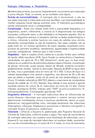140
da tuberculose primária, que ocorre, freqüentemente, nos primeiros seis meses após
a primo-infecção. Pode, no entanto, só se manifestar anos depois.
PPPPPeríodo de transmissibilidadeeríodo de transmissibilidadeeríodo de transmissibilidadeeríodo de transmissibilidadeeríodo de transmissibilidade - A meningite não é transmissível, a não ser
que esteja associada à tuberculose pulmonar bacilífera, cuja transmissibilidade se
mantém enquanto houver doença pulmonar ativa. O tratamento quimioterápico
correto praticamente anula a contagiosidade.
ComplicaçõesComplicaçõesComplicaçõesComplicaçõesComplicações - Existe uma relação direta entre a precocidade diagnóstica e o
prognóstico, porém, infelizmente, a maioria só é diagnosticada nos estágios
avançados, justificando assim, a alta letalidade e as freqüentes seqüelas. Para se
realizar o diagnóstico precoce, é necessário valorizar os dados epidemiológicos e
a clínica, indicando a análise liquórica nos casos de cefaléia e/ou vômitos
persistentes, acompanhados ou não de hipertermia. Sem esses cuidados, não se
pode evitar em um número significativo de casos, seqüelas importantes como:
aumento do perímetro encefálico, retardamento, espasticidade e hipertonicidade
muscular, conseqüências drásticas para a vida humana.
DiagnósticoDiagnósticoDiagnósticoDiagnósticoDiagnóstico - Após a suspeita clínica, realiza-se a punção lombar para colheita
de líquido céfalo-raquidiano (LCR): líquor límpido ou xantocrômico e hipertenso;
celularidade: em geral de 10 a 500 células/mm³, sendo que, na fase inicial,
observa-se um predomínio de polimorfonucleares e depois linfócitos; concentração
de glicose: diminuída, quase sempre, abaixo de 40mg%; proteínas aumentam
gradativamente; cloretos normal ou diminuídos. Pesquisa de BAAR no líquor deve
ser feita, mas a positividade varia em torno de 10 a 40%. Cultura de líquor é o
método bacteriológico mais sensível e específico, mas demora de 30 a 60 dias
para ser obtido o resultado, sendo útil do ponto de vista epidemiológico e não
clínico. O método radiométrico (BACTEC) detecta o crescimento de micobactérias
através da medida do 14 CO2
liberado. Esse método é mais sensível e permite
resultado positivo da cultura de M. tuberculosis em torno de 14 dias. Outros
métodos sorológicos (ELISA), Inibição pelo “NAP” (p-nitro-a-acetilamino- B-
hidroxipropiofenoma), Cromatografia gás-líquida, PCR.
Diagnóstico diferencialDiagnóstico diferencialDiagnóstico diferencialDiagnóstico diferencialDiagnóstico diferencial - A meningite tuberculosa deve ser diferenciada de
outras doenças infecciosas que comprometem o sistema nervoso central,
determinando manifestações clínicas e liquóricas semelhantes, dentre as quais,
destacam-se: meningoencefalites virais, meningites bacterianas não tuberculosa
(Haemophylus influenzae, Streptococcus pneumoniae e Neisséria meningitidis) e
meningite fúngica (Cryptococcus neoformans).
TTTTTratamentoratamentoratamentoratamentoratamento ----- Utiliza-se o Esquema II, padronizado pelo Programa Nacional de
Controle da Tuberculose, conforme quadro a seguir. Nos casos de concomitância
de meningite tuberculosa com qualquer outra localização de tuberculose, usar o
Esquema II; nos casos de meningite tuberculosa, em qualquer idade, recomenda-
se o uso de corticosteróides por um prazo de 2 a 4 meses, no início do tratamento;
Doenças Infecciosas e PDoenças Infecciosas e PDoenças Infecciosas e PDoenças Infecciosas e PDoenças Infecciosas e Parasitáriasarasitáriasarasitáriasarasitáriasarasitárias
 