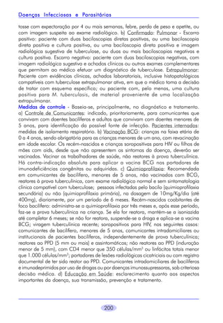 200
tosse com expectoração por 4 ou mais semanas, febre, perda de peso e apetite, ou
com imagem suspeita ao exame radiológico. b) Confirmado: Pulmonar - Escarro
positivo: paciente com duas baciloscopias diretas positivas, ou uma baciloscopia
direta positiva e cultura positiva, ou uma baciloscopia direta positiva e imagem
radiológica sugestiva de tuberculose, ou duas ou mais baciloscopias negativas e
cultura positiva. Escarro negativo: paciente com duas baciloscopias negativas, com
imagem radiológica sugestiva e achados clínicos ou outros exames complementares
que permitam ao médico efetuar um diagnóstico de tuberculose. Extrapulmonar:
Paciente com evidências clínicas, achados laboratoriais, inclusive histopatológicos
compatíveis com tuberculose extrapulmonar ativa, em que o médico toma a decisão
de tratar com esquema específico; ou paciente com, pelo menos, uma cultura
positiva para M. tuberculosis, de material proveniente de uma localização
extrapulmonar.
Medidas de controleMedidas de controleMedidas de controleMedidas de controleMedidas de controle - Baseia-se, principalmente, no diagnóstico e tratamento.
a) Controle de Comunicantes: indicado, prioritariamente, para comunicantes que
convivam com doentes bacilíferos e adultos que convivam com doentes menores de
5 anos, para identificação da possível fonte de infecção. Pacientes internados:
medidas de isolamento respiratório. b) Vacinação BCG: crianças na faixa etária de
0 a 4 anos, sendo obrigatória para as crianças menores de um ano, com revacinação
em idade escolar. Os recém-nascidos e crianças soropositivas para HIV ou filhos de
mães com aids, desde que não apresentem os sintomas da doença, deverão ser
vacinados. Vacinar os trabalhadores de saúde, não reatores à prova tuberculínica.
Há contra-indicação absoluta para aplicar a vacina BCG nos portadores de
imunodeficiências congênitas ou adquiridas. c) Quimioprofilaxia: Recomendada
em comunicantes de bacilífero, menores de 5 anos, não vacinados com BCG,
reatores à prova tuberculínica, com exame radiológico normal e sem sintomatologia
clínica compatível com tuberculose; pessoas infectadas pelo bacilo (quimioprofilaxia
secundária) ou não (quimioprofilaxia primária), na dosagem de 10mg/Kg/dia (até
400mg), diariamente, por um período de 6 meses. Recém-nascidos coabitantes de
foco bacilífero: administra-se a quimioprofilaxia por três meses e, após esse período,
faz-se a prova tuberculínica na criança. Se ela for reatora, mantém-se a isoniazida
até completar 6 meses; se não for reatora, suspende-se a droga e aplica-se a vacina
BCG; viragem tuberculínica recente; soropositivos para HIV, nos seguintes casos:
comunicantes de bacilífero, menores de 5 anos, comunicantes intradomiciliares ou
institucionais de pacientes bacilíferos, independentemente de prova tuberculínica;
reatores ao PPD (5 mm ou mais) e assintomáticos; não reatores ao PPD (induração
menor de 5 mm), com CD4 menor que 350 células/mm3
ou linfócitos totais menor
que 1.000 células/mm3
; portadores de lesões radiológicas cicatriciais ou com registro
documental de ter sido reator ao PPD. Comunicantes intradomiciliares de bacilíferos
e imunodeprimidos por uso de drogas ou por doenças imunossupressoras, sob criteriosa
decisão médica. d) Educação em Saúde: esclarecimento quanto aos aspectos
importantes da doença, sua transmissão, prevenção e tratamento.
Doenças Infecciosas e PDoenças Infecciosas e PDoenças Infecciosas e PDoenças Infecciosas e PDoenças Infecciosas e Parasitáriasarasitáriasarasitáriasarasitáriasarasitárias
 