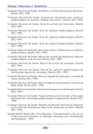 206
Fundação Nacional de Saúde. Assistência e controle das doenças diarréicas.
Brasília (DF); 1993.
Fundação Nacional de Saúde. Capacitação de pessoal para vigilância
epidemiológica do Sarampo. Módulo instrucional I. Brasília (DF); 1992.
Fundação Nacional de Saúde. Guia de controle da hanseníase. Brasília
(DF); 1994.
Fundação Nacional de Saúde. Guia de vigilância epidemiológica. Brasília
(DF); 1986.
Fundação Nacional de Saúde. Guia de vigilância epidemiológica. Brasília
(DF); 1994.
Fundação Nacional de Saúde. Guia de vigilância epidemiológica. Brasília
(DF); 1998.
Fundação Nacional de Saúde. Manual de cólera: subsídios para a vigilância
epidemiológica. Brasília (DF); 1993.
Fundação Nacional de Saúde. Manual de controle de leptospirose: aspectos
epidemiológicos e de controle. Brasília (DF); 1989.
Fundação Nacional de Saúde. Manual de normas de vacinação. Brasília
(DF); 1994.
Fundação Nacional de Saúde. Manual de vigilância epidemiológica da
leishmaniose tegumentar americana. Brasília (DF); 1995.
Fundação Nacional de Saúde. Manual integrado de prevenção e controle da
cólera. Brasília (DF); 1994.
Fundação Nacional de Saúde. Manual integrado de prevenção e controle da
febre tifóide. Brasília (DF); 1998.
Fundação Nacional de Saúde. Normas técnicas para controle da peste. Brasília
(DF); 1994.
Fundação Nacional de Saúde. Programa Nacional de Controle e Eliminação
da Hanseníase: informações epidemiológicas e operacionais. Brasília (DF);
1996.
Fundação Nacional de Saúde. Relatório da Reunião Nacional do Programa
de Controle da Leishmaniose Tegumentar Americana no Brasil. Brasília
(DF); 1996.
Galvão MAAM, Ribeiro JGL, Pinto-Machado J. Tifo exantemático, tifo murino
e febre maculosa brasileira. In: Doenças infecciosas com manifestações
dermatológicas. 1994.
Doenças Infecciosas e PDoenças Infecciosas e PDoenças Infecciosas e PDoenças Infecciosas e PDoenças Infecciosas e Parasitáriasarasitáriasarasitáriasarasitáriasarasitárias
 