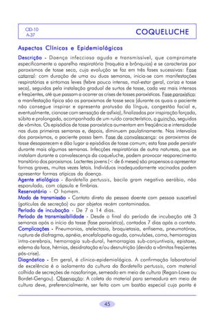 45
Aspectos Clínicos e EpidemiológicosAspectos Clínicos e EpidemiológicosAspectos Clínicos e EpidemiológicosAspectos Clínicos e EpidemiológicosAspectos Clínicos e Epidemiológicos
DescriçãoDescriçãoDescriçãoDescriçãoDescrição ----- Doença infecciosa aguda e transmissível, que compromete
especificamente o aparelho respiratório (traquéia e brônquios) e se caracteriza por
paroxismos de tosse seca, cuja evolução se faz em três fases sucessivas: Fase
catarral: com duração de uma ou duas semanas, inicia-se com manifestações
respiratórias e sintomas leves (febre pouco intensa, mal-estar geral, coriza e tosse
seca), seguidos pela instalação gradual de surtos de tosse, cada vez mais intensos
e freqüentes, até que passam a ocorrer as crises de tosses paroxísticas. Fase paroxística:
a manifestação típica são os paroxismos de tosse seca (durante os quais o paciente
não consegue inspirar e apresenta protusão da língua, congestão facial e,
eventualmente, cianose com sensação de asfixia), finalizados por inspiração forçada,
súbita e prolongada, acompanhada de um ruído característico, o guincho, seguidos
de vômitos. Os episódios de tosse paroxística aumentam em freqüência e intensidade
nas duas primeiras semanas e, depois, diminuem paulatinamente. Nos intervalos
dos paroxismos, o paciente passa bem. Fase de convalescença: os paroxismos de
tosse desaparecem e dão lugar a episódios de tosse comum; esta fase pode persistir
durante mais algumas semanas. Infecções respiratórias de outra natureza, que se
instalam durante a convalescença da coqueluche, podem provocar reaparecimento
transitório dos paroxismos. Lactentes jovens (< de 6 meses) são propensos a apresentar
formas graves, muitas vezes letais. Indivíduos inadequadamente vacinados podem
apresentar formas atípicas da doença.
Agente etiológicoAgente etiológicoAgente etiológicoAgente etiológicoAgente etiológico - Bordetella pertussis, bacilo gram negativo aeróbio, não
esporulado, com cápsula e fímbrias.
ReservatórioReservatórioReservatórioReservatórioReservatório - O homem.
Modo de transmissãoModo de transmissãoModo de transmissãoModo de transmissãoModo de transmissão ----- Contato direto da pessoa doente com pessoa suscetível
(gotículas de secreção) ou por objetos recém contaminados.
PPPPPeríodo de incubaçãoeríodo de incubaçãoeríodo de incubaçãoeríodo de incubaçãoeríodo de incubação - De 7 a 14 dias.
PPPPPeríodo de transmissibilidadeeríodo de transmissibilidadeeríodo de transmissibilidadeeríodo de transmissibilidadeeríodo de transmissibilidade - Desde o final do período de incubação até 3
semanas após o início da tosse (fase paroxística), contados 7 dias após o contato.
ComplicaçõesComplicaçõesComplicaçõesComplicaçõesComplicações ----- Pneumonias, atelectasia, broquietasia, enfisema, pneumotórax,
ruptura de diafragma, apnéia, encefalopatia aguda, convulsões, coma, hemorragias
intra-cerebrais, hemorragia sub-dural, hemorragias sub-conjuntivais, epistaxe,
edema da face, hérnias, desidratação e/ou desnutrição (devido a vômitos freqüentes
pós-crise).
DiagnósticoDiagnósticoDiagnósticoDiagnósticoDiagnóstico ----- Em geral, é clínico-epidemiológico. A confirmação laboratorial
de excelência é o isolamento da cultura da Bordetella pertussis, com material
colhido de secreções de nosofaringe, semeado em meio de cultura (Regan-Lowe ou
Bordet-Gengou). Observação: A coleta do material para semeadura em meio de
cultura deve, preferencialmente, ser feita com um bastão especial cuja ponta é
COQUELUCHECOQUELUCHECOQUELUCHECOQUELUCHECOQUELUCHECID-10
A-376
 