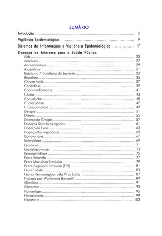 IntroduçãoIntroduçãoIntroduçãoIntroduçãoIntrodução ................................................................................................
Vigilância EpidemiológicaVigilância EpidemiológicaVigilância EpidemiológicaVigilância EpidemiológicaVigilância Epidemiológica ...................................................................
Sistemas de Informações e Vigilância EpidemiológicaSistemas de Informações e Vigilância EpidemiológicaSistemas de Informações e Vigilância EpidemiológicaSistemas de Informações e Vigilância EpidemiológicaSistemas de Informações e Vigilância Epidemiológica .................
Doenças de Interesse para a Saúde PúblicaDoenças de Interesse para a Saúde PúblicaDoenças de Interesse para a Saúde PúblicaDoenças de Interesse para a Saúde PúblicaDoenças de Interesse para a Saúde Pública
Aids .......................................................................................................
Amebíase ...............................................................................................
Ancilostomíase .......................................................................................
Ascaridíase .............................................................................................
Botulismo / Botulismo do Lactente .........................................................
Brucelose ................................................................................................
Cancro Mole ..........................................................................................
Candidíase ............................................................................................
Coccidioidomicose ................................................................................
Cólera ....................................................................................................
Coqueluche ...........................................................................................
Criptococose ..........................................................................................
Criptosporidíase .....................................................................................
Dengue ..................................................................................................
Difteria ...................................................................................................
Doença de Chagas ................................................................................
Doenças Diarréicas Agudas ....................................................................
Doença de Lyme .....................................................................................
Doença Meningocócica .........................................................................
Donovanose ...........................................................................................
Enterobíase ............................................................................................
Escabiose ...............................................................................................
Esquistossomose .....................................................................................
Estrongiloidíase ......................................................................................
Febre Amarela .......................................................................................
Febre Maculosa Brasileira .......................................................................
Febre Purpúrica Brasileira (FPB) ..............................................................
Febre Tifóide ..........................................................................................
Febres Hemorrágicas pelo Vírus Ebola ....................................................
Filaríase por Wuchereria Bancrofti ..........................................................
Giardíase ...............................................................................................
Gonorréia ..............................................................................................
Hanseníase ............................................................................................
Hantaviroses ..........................................................................................
Hepatite A .............................................................................................
SUMÁRIOSUMÁRIOSUMÁRIOSUMÁRIOSUMÁRIO
5
9
17
23
27
29
31
33
35
37
39
41
43
45
47
49
51
55
57
61
63
65
67
69
71
73
75
77
79
81
83
87
89
91
93
95
99
103
 