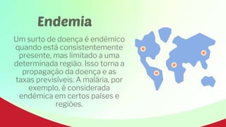 Endemia
Um surto de doença é endêmico
quando está consistentemente
presente, mas limitado a uma
determinada região. Isso torna a
propagação da doença e as
taxas previsíveis. A malária, por
exemplo, é considerada
endêmica em certos países e
regiões.
 