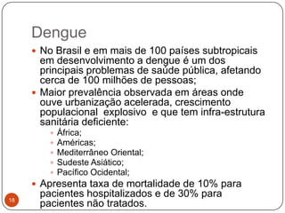 Dengue
      No Brasil e em mais de 100 países subtropicais
       em desenvolvimento a dengue é um dos
       principais problemas de saúde pública, afetando
       cerca de 100 milhões de pessoas;
      Maior prevalência observada em áreas onde
       ouve urbanização acelerada, crescimento
       populacional explosivo e que tem infra-estrutura
       sanitária deficiente:
           África;
           Américas;
           Mediterrâneo Oriental;
           Sudeste Asiático;
           Pacífico Ocidental;
      Apresenta taxa de mortalidade de 10% para
      pacientes hospitalizados e de 30% para
18
      pacientes não tratados.
 