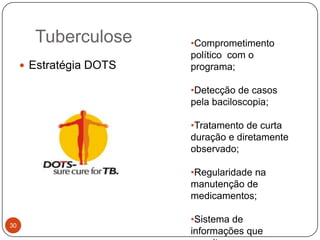 Tuberculose       •Comprometimento
                         político com o
      Estratégia DOTS   programa;

                         •Detecção de casos
                         pela baciloscopia;

                         •Tratamento de curta
                         duração e diretamente
                         observado;

                         •Regularidade na
                         manutenção de
                         medicamentos;

                         •Sistema de
30
                         informações que
 