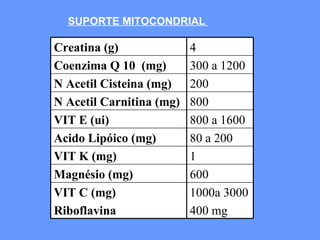 SUPORTE MITOCONDRIAL  Creatina (g) Coenzima Q 10  (mg) N Acetil Cisteina (mg) N Acetil Carnitina (mg) VIT E (ui) Acido Lipóico (mg) VIT K (mg) Magnésio (mg) VIT C (mg) Riboflavina 4 300 a 1200 200 800 800 a 1600 80 a 200 1 600 1000a 3000 400 mg 