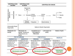 CONTROLE DAS 
CAUSAS 
CONTROLE DOS 
RI SCOS 
DETERMINANTES SOCIO-AMBIENTAIS 
NECESSIDADES 
Grupos de 
Risco 
Riscos Exposição Indícios 
Exposição 
CONTROLE DE DANOS 
Cura 
Indícios 
Danos Casos Seqüela 
Intervenção Social 
Organizada 
PROMOÇÃO DE 
SAÚDE 
Pessoas 
Expostas Suspeitos 
PROTEÇÃO DA 
SAÚDE, "Screening" 
/Mapeamento de 
Saúde 
Assintomáticos 
Ações de Saúde Organizada 
DIAGNÓSTICO E 
TRATAMENTO 
PRECOCES 
LIMITAÇÃO DO 
DANO 
Obito 
REABILITAÇÃO 
SEQÜELAS 
PRE PATOGÊNESE FASE CLÍ NI CA 
I NESPECÍ FI CA ESPECÍ FI CA PRECOCE AVANÇADA 
Condições gerais do 
indivíduo ou do 
ambiente que 
predispôe a uma ou 
várias doenças. 
A presença de uma 
constelação de fatores 
causais num instante 
dado, favorece o 
aparecimento de uma 
dada doença. 
Da situação anterior 
resultou uma 
doença cujos 
primeiros sinais e 
sintomas se 
tornaram aparentes. 
A doença segue sua 
evolução própria, 
terminando com a 
morte, com a cura 
completa ou deixando 
sequelas. 
As sequelas ou 
consequencias da doença 
podem ser reparadas, com 
maior ou menor eficiência, 
permitindo a reabilitação 
do indivíduo. 
PREVENÇÃO 
PREVENÇÃO PRIMÁRI A PREVENÇÃO SECUNDÁRI A TERCI ÁRI A 
