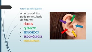 Fatores de perda auditiva
A perda auditiva
pode ser resultado
de fatores:
• FÍSICOS
• QUÍMICOS
• BIOLÓGICOS
• ERGONÔMICOS
• ENDÓGENOS
 