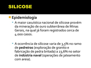  Epidemiologia
 A maior casuística nacional de silicose provém
da mineração de ouro subterrânea de Minas
Gerais, na qual já foram registrados cerca de
4.000 casos.
 A ocorrência de silicose varia de 3,5% no ramo
de pedreiras (exploração de granito e
fabricação de pedra britada) a 23,6% no setor
de indústria naval (operações de jateamento
com areia).
 