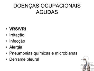 DOENÇAS OCUPACIONAIS
AGUDAS
• VRS/VRI
• Irritação
• Infecção
• Alergia
• Pneumonias químicas e microbianas
• Derrame pleural
 