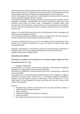 A mãe transmite para o feto quantidade de ferro suficientes para os primeiros 3 ou 4 meses de
vida do bebê. A partir daí, o organismo infantil precisa suprir sua necessidade de ferro por
meio da ingestão diária de carne, gema de ovo, alguns legumes e cereais enriquecidos.
O leite é muito pobre em ferro; portanto, se a alimentação for exclusivamente a base de leite
materno, quando prolongada, pode levar à anemia.
A diminuição do nível de ferro do organismo pode ser provocada ainda por infecções crônicas
(amigdalite e adenoidite, exemplificando), por diarreias frequentes ou pelas doença que
acarretam perda crônica de sangue, como a Ancilostomose (amarelão), alguns casos
particulares de anemia ferropriva: os que aparecem em crianças prematuras ou em gêmeos,
que não receberam do organismo da mãe a quantidade suficiente de ferro nos primeiros
meses de vida.

Sintomas : A característica marcante da anemia é a descoloração dos lábios, das gengivas, do
interior da boca, das pálpebras e da pele.
Ela é acompanhada ainda por inapetência e apatia. O emagrecimento não está associado a
anemia, crianças de peso normal ou obesas podem estar anêmicas.

Tratamento : Ingestão de ferro por via oral. Se a necessidade de ferro é provocada por outras
doenças, faz-se necessário combate-las. Os casos mais graves de anemia podem exigir
transfusão de sangue.

Prevenção : Alimentação rica e variada evita a anemia. No caso de prematuros e gemelares, a
profilaxia é feita com o ferro em medicamentos desde as primeiras semanas de vida.
Cuidados essenciais para a ANEMIA GRAVE

INFECÇÕES DE VIAS AÉREAS

São doenças de etiologia viral ou bacteriana que acometem qualquer segmento do trato
respiratório,inicio de 2 à 7 dias.

     1- Amigdalite / Adenoidite
São inflamações nas massas de tecido linfoide localizadas na parte posterior da garganta
(amígdalas) e na região posterior das fossas nasais (adenoides).
Desenvolvem-se rapidamente e continuam grandes até ao 6 ou 7 anos de idade e regredir até
o fim da puberdade.
Nos primeiros anos, a criança tem grande predisposição para contrair infecções na região da
rinofaringe. São muitos comuns nestes menores : os resfriados, amigdalites, adenoidites e
laringites, que podem aparecer isoladas ou combinadas, e duram em geral de 3 a 5 dias.
Porém podem ser mais frequentes em crianças que moram em casa frias e úmidas, é mais
difícil em climas quentes.

Sintomas :
     Amígdalas ficam vermelhas, determinadas vezes com alguns pontinhos amarelos, e
       podem aumentar bastante de tamanho;
     Febre, prostração,
     Inflamação dos gânglios da mandíbula e no pescoço;
     Diarreias e vômitos.
     Mau hálito ( Halitose)quase permanente e o costume de dormir de boca aberta.
 