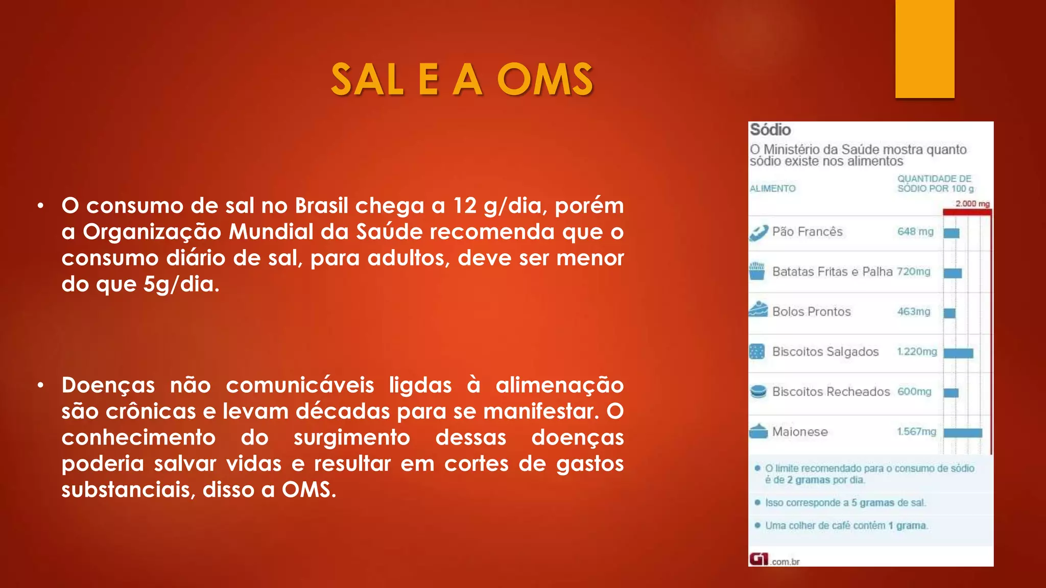SAL E A OMS
• O consumo de sal no Brasil chega a 12 g/dia, porém
a Organização Mundial da Saúde recomenda que o
consumo diário de sal, para adultos, deve ser menor
do que 5g/dia.
• Doenças não comunicáveis ligdas à alimenação
são crônicas e levam décadas para se manifestar. O
conhecimento do surgimento dessas doenças
poderia salvar vidas e resultar em cortes de gastos
substanciais, disso a OMS.
 
