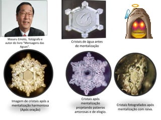 Masaru Emoto, fotógrafo e
autor do livro “Mensagens das   Cristais de água antes
            Aguas”.                de mentalização




                                       Cristais após
    Imagem de cristais após a
                                      mentalização        Cristais fotografados após
    mentalização harmoniosa
                                   projetando palavras     mentalização com raiva.
         (Após oração)
                                  amorosas e de elogio.
 