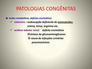 PATOLOGIAS CONGÊNITAS
 lesões metabólicas, defeitos enzimáticos
 cistinúria : reabsorpção deficiente de aminoácidos,
cistina, lisina, arginina etc.
 acidose tubular renal: defeito enzimático
síntese de glicosaminoglicanos
 causa de infecções urinárias
pneumocócicas
 