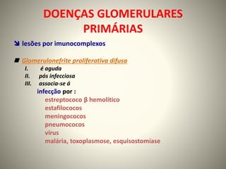 DOENÇAS GLOMERULARES
PRIMÁRIAS
 lesões por imunocomplexos
 Glomerulonefrite proliferativa difusa
I. é aguda
II. pós infecciosa
III. associa-se á
infecção por :
estreptococo β hemolítico
estafilococos
meningococos
pneumococos
vírus
malária, toxoplasmose, esquisostomíase
 