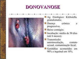 DDOONNOOVVAANNOOSSEE 
Ag. Etiológico: Klebsiella. 
granulomatis; 
Doença crônica e 
progressiva; 
Baixo contágio; 
Incubação: média de 50 dias 
(até 6 meses); 
Transmissão: 
autoinoculação, contato 
sexual, contaminação fecal; 
Genitálias acometidas em 
90% e inguinal em 10%. 
 