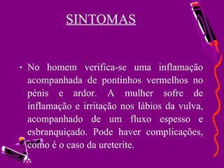   SINTOMAS No homem verifica-se uma inflamação acompanhada de pontinhos vermelhos no pénis e ardor. A mulher sofre de inflamação e irritação nos lábios da vulva, acompanhado de um fluxo espesso e esbranquiçado. Pode haver complicações, como é o caso da ureterite. 