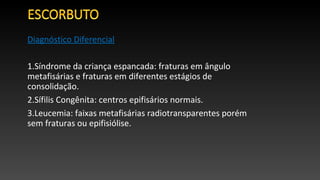 Diagnóstico Diferencial
1.Síndrome da criança espancada: fraturas em ângulo
metafisárias e fraturas em diferentes estágios de
consolidação.
2.Sífilis Congênita: centros epifisários normais.
3.Leucemia: faixas metafisárias radiotransparentes porém
sem fraturas ou epifisiólise.
 