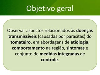 Observar aspectos relacionados às doenças
transmissíveis (causadas por parasitas) do
tomateiro, em abordagens de etiologia,
comportamento na região, sintomas e
conjunto de medidas integradas de
controle.
Objetivo geral
 