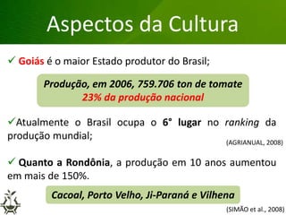 Aspectos da Cultura
 Goiás é o maior Estado produtor do Brasil;
Atualmente o Brasil ocupa o 6° lugar no ranking da
produção mundial;
 Quanto a Rondônia, a produção em 10 anos aumentou
em mais de 150%.
Produção, em 2006, 759.706 ton de tomate
23% da produção nacional
(AGRIANUAL, 2008)
Cacoal, Porto Velho, Ji-Paraná e Vilhena
(SIMÃO et al., 2008)
 