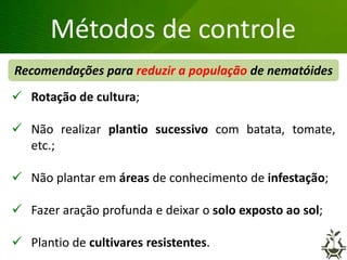 Métodos de controle
 Rotação de cultura;
 Não realizar plantio sucessivo com batata, tomate,
etc.;
 Não plantar em áreas de conhecimento de infestação;
 Fazer aração profunda e deixar o solo exposto ao sol;
 Plantio de cultivares resistentes.
Recomendações para reduzir a população de nematóides
 