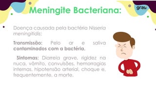 Meningite Bacteriana:
Doença causada pela bactéria Nisseria
meningitidis;
Transmissão: Pelo ar e saliva
contaminados com a bactéria.
Sintomas: Diarreia grave, rigidez na
nuca, vômito, convulsões, hemorragias
internas, hipotensão arterial, choque e,
frequentemente, a morte.
 