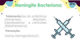 Meningite Bacteriana:
Tratamento:Uso de antibióticos
intravenosos (Bepeben,
Ciprofloxacino) e corticoides
(Dexametasona).
Prevenção:
Vacina Meningocócica C.
 