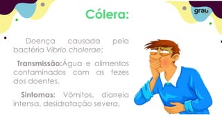 Cólera:
Doença causada pela
bactéria Vibrio cholerae;
Transmissão:Água e alimentos
contaminados com as fezes
dos doentes.
Sintomas: Vômitos, diarreia
intensa, desidratação severa.
 