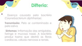 Difteria:
Doença causada pela bactéria
Corynebacterium diphtheriae;
Transmissão: Pelo ar contaminado e
pela saliva
Sintomas: Inflamação das amígdalas,
faringe e mucosa nasal. A bactéria
produz toxina que destrói as fibras
cardíacas, células nervosas e renais.
 