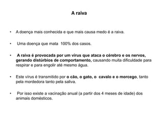 A raivaA doença mais conhecida e que mais causa medo é a raiva. Uma doença que mata  100% dos casos.A raiva é provocada por um vírus que ataca o cérebro e os nervos, gerando distúrbios de comportamento, causando muita dificuldade para respirar e para engolir até mesmo água. Este vírus é transmitido por o cão, o gato, o  cavalo e o morcego, tanto pela mordedora tanto pela saliva. Por isso existe a vacinação anual (a partir dos 4 meses de idade) dos animais domésticos. 