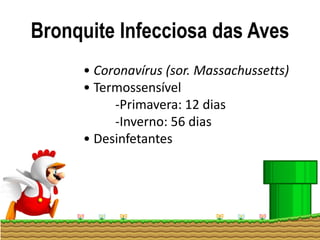 Bronquite Infecciosa das Aves
• Coronavírus (sor. Massachussetts)
• Termossensível
-Primavera: 12 dias
-Inverno: 56 dias
• Desinfetantes
 
