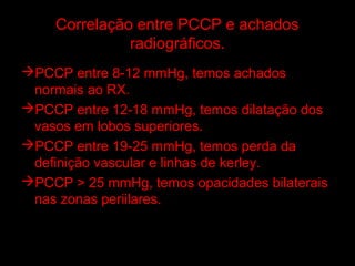 Correlação entre PCCP e achados
              radiográficos.
PCCP entre 8-12 mmHg, temos achados
 normais ao RX.
PCCP entre 12-18 mmHg, temos dilatação dos
 vasos em lobos superiores.
PCCP entre 19-25 mmHg, temos perda da
 definição vascular e linhas de kerley.
PCCP > 25 mmHg, temos opacidades bilaterais
 nas zonas periilares.
 