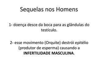 Sequelas nos Homens
1- doença desce da boca para as glândulas do
testículo.
2- esse movimento (Orquite) destrói epitélio
(produtor de esperma) causando a
INFERTILIDADE MASCULINA.
 