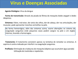 Vírus e Doenças Associadas
Agente Etiológico: Vírus da dengue
Forma de transmissão: Através da picada da fêmea do mosquito Aedes aegypti e Aedes
Abopictus.
Sintomas: Febre, mal-estar, dor atrás dos olhos, dor de cabeça, dor nas articulações, dor
muscular, pode apresentar manchas vermelhas na pele.
Tratamento: O tratamento consistem apenas na tentativa de remediar os sintomas. A
aspirina é contra-indicado por interferir na coagulação sanguínea.
Profilaxia: Eliminação de criadouros do mosquito (objetos que acumulem água parada)
Utilização de inseticidas e repelentes.
Na forma hemorrágica, além dos sintomas acima, ocorre alterações no sistema de
coagulação sanguínea onde pequenos vasos podem sangrar na pele e em órgãos
internos, levando a hemorragias.
 