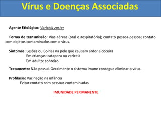 Vírus e Doenças Associadas
Agente Etiológico: Varicela zoster
Forma de transmissão: Vias aéreas (oral e respiratória); contato pessoa-pessoa; contato
com objetos contaminados com o vírus.
Sintomas: Lesões ou Bolhas na pele que causam ardor e coceira
Em crianças: catapora ou varicela
Em adulto: cobreiro
Tratamento: Não possui. Geralmente o sistema imune consegue eliminar o vírus.
Profilaxia: Vacinação na infância
Evitar contato com pessoas contaminadas
IMUNIDADE PERMANENTE
 