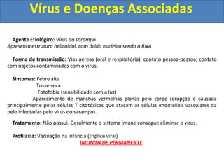 Vírus e Doenças Associadas
Agente Etiológico: Vírus do sarampo
Apresenta estrutura helicoidal, com ácido nucleico sendo o RNA
Forma de transmissão: Vias aéreas (oral e respiratória); contato pessoa-pessoa; contato
com objetos contaminados com o vírus.
Sintomas: Febre alta
Tosse seca
Fotofobia (sensibilidade com a luz)
Aparecimento de manchas vermelhas planas pelo corpo (erupção é causada
principalmente pelas células T citotóxicas que atacam as células endoteliais vasculares da
pele infectadas pelo vírus do sarampo).
Tratamento: Não possui. Geralmente o sistema imune consegue eliminar o vírus.
Profilaxia: Vacinação na infância (tríplice viral)
IMUNIDADE PERMANENTE
 