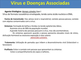 Vírus e Doenças Associadas
Agente Etiológico: Herpes simples tipo I
Vírus de formato icosaédrico envelopado, tendo como ácido nucleico o DNA.
Forma de transmissão: Vias aéreas (oral e respiratória); contato pessoa-pessoa; contato
com objetos contaminados com o vírus.
Sintomas: Formação de bolhas e feridas no tecido epitelial dos lábios.
Acomete cerca de 90% da população mundial.
A grande maioria das pessoas possuem o vírus, mas são assintomáticos.
Os sintomas aparecem quando a pessoa apresenta elevados níveis de stress,
disfunção hormonal ou excessiva exposição à raios solares
INFECÇÃO LATENTE.
Tratamento: Utilização de pomadas que inibem o desenvolvimento viral (Valaciclovir e
fanciclovir)
Profilaxia: Evitar o contato com pessoas que apresentam os sintomas
Evitar o compartilhamento de copos e talheres.
 