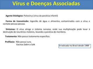 Vírus e Doenças Associadas
Agente Etiológico: Poliovírus (vírus da paralisia infantil)
Forma de transmissão: Ingestão de água e alimentos contaminados com o vírus e
contato pessoa-pessoa.
Sintomas: O vírus atinge o sistema nervoso, onde sua multiplicação pode levar à
destruição de neurônios motores, levando a paralisia de membros.
Tratamento: Não possui tratamento específico.
Profilaxia: Não possui cura.
Vacinas Sabin e Salk Erradicada no Brasil desde 1989
 