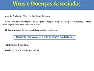 Vírus e Doenças Associadas
Agente Etiológico: Vírus da Parótida infecciosa
Forma de transmissão: Vias aéreas (oral e respiratória); contato pessoa-pessoa; contato
com objetos contaminados com o vírus.
Sintomas: Aumento das glândulas parótidas (salivares).
Tratamento: Não possui.
Profilaxia: Vacinação (tríplice viral)
Raramente pode acometer o sistema nervoso e os testículos.
 