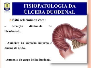  Está relacionada com:
- Secreção diminuída de
bicarbonato.
- Aumento na secreção noturna e
diurna de ácido.
- Aumento da carga ácida duodenal.
FISIOPATOLOGIA DA
ÚLCERA DUODENAL
 
