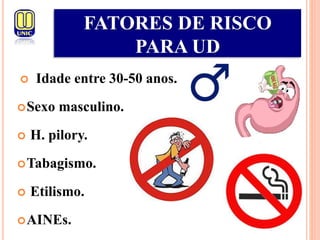  Idade entre 30-50 anos.
Sexo masculino.
 H. pilory.
Tabagismo.
 Etilismo.
AINEs.
FATORES DE RISCO
PARA UD
 