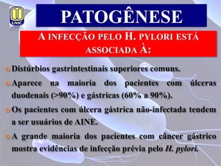 A INFECÇÃO PELO H. PYLORI ESTÁ
ASSOCIADA À:
 Distúrbios gastrintestinais superiores comuns.
 Aparece na maioria dos pacientes com úlceras
duodenais (>90%) e gástricas (60% a 90%).
 Os pacientes com úlcera gástrica não-infectada tendem
a ser usuários de AINE.
 A grande maioria dos pacientes com câncer gástrico
mostra evidências de infecção prévia pelo H. pylori.
PATOGÊNESE
 