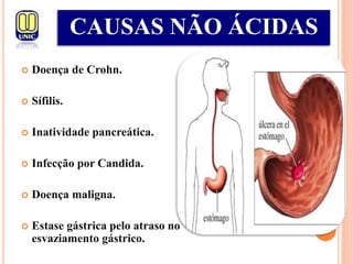  Doença de Crohn.
 Sífilis.
 Inatividade pancreática.
 Infecção por Candida.
 Doença maligna.
 Estase gástrica pelo atraso no
esvaziamento gástrico.
CAUSAS NÃO ÁCIDAS
 